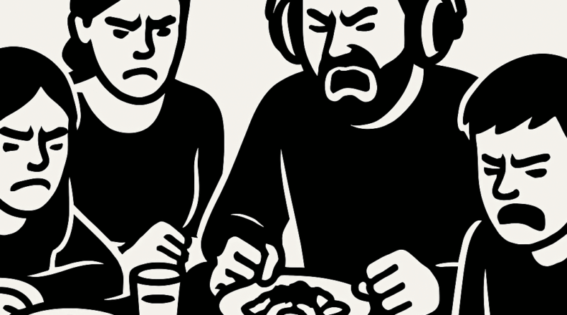 Eine Familie beim gemeinsamen Essen. Eine Person hat einen Baustellengehörschutz auf.