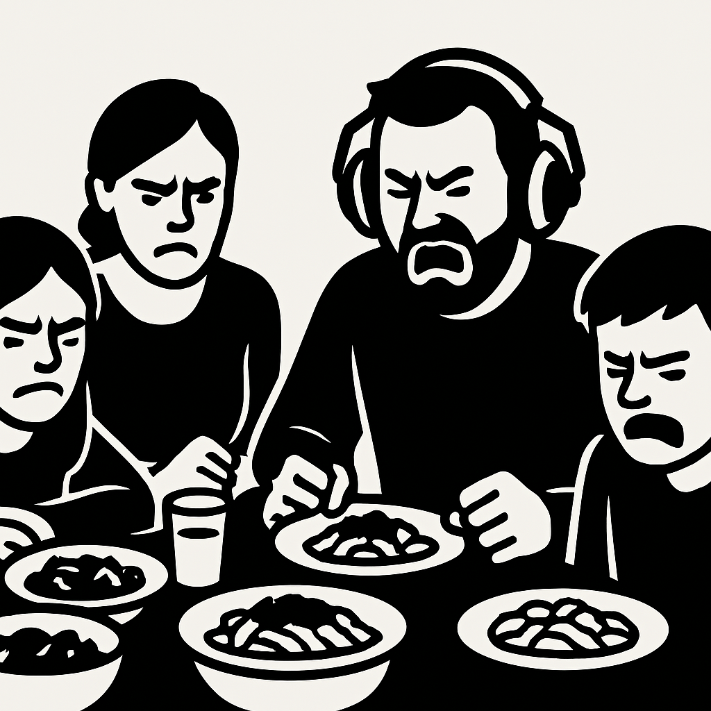 Eine Familie beim gemeinsamen Essen. Eine Person hat einen Baustellengehörschutz auf.