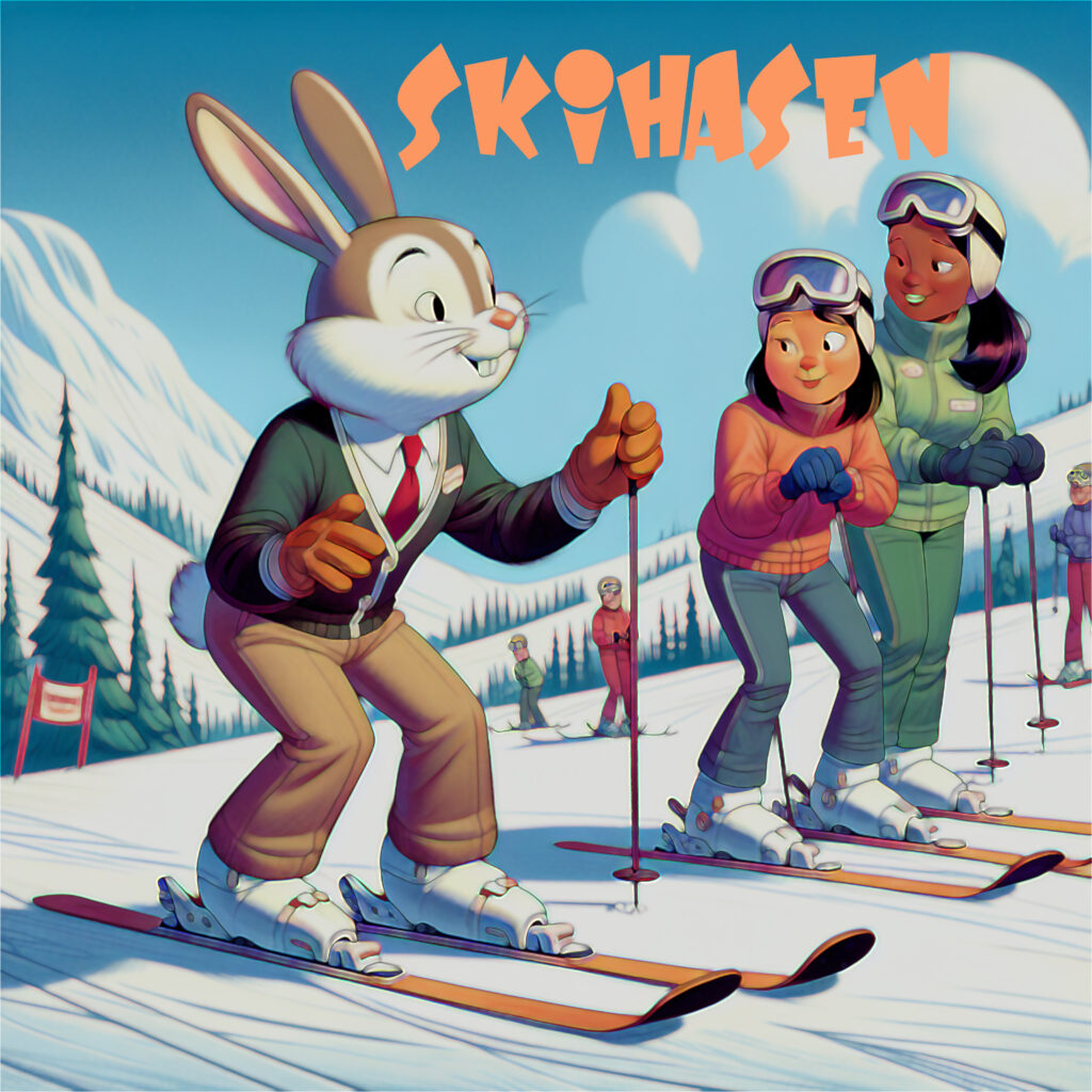 Auf der Skipiste: Eine Hase auf Ski und zwei Skischülerinnen